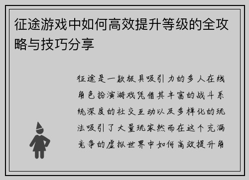 征途游戏中如何高效提升等级的全攻略与技巧分享